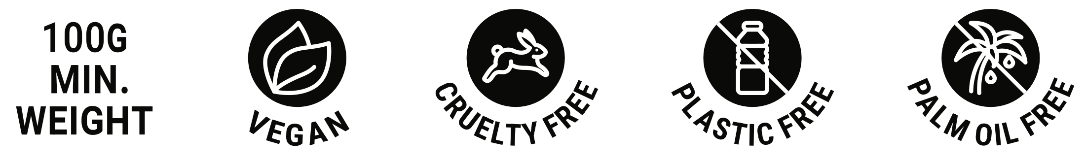 Set of icons indicating product features such as weight, vegan, cruelty-free, plastic-free, and palm oil-free.